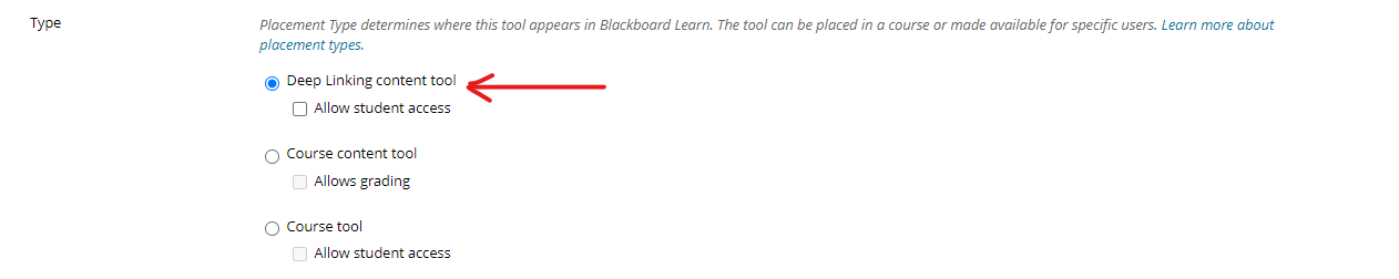 The Type field with an arrow pointing to the 'Deep Linking content tool' option.