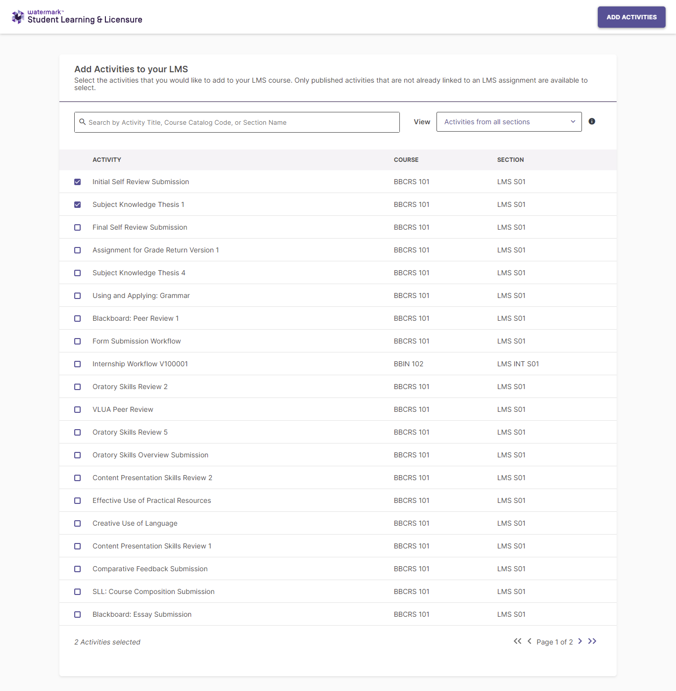'The 'Add Activity To your LMS' section showing a paginated list of activities from SL&L within the Deep Linking workflow, with activity titles, course codes, and section names visible.