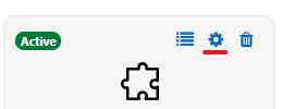 An item status panel showing an Active status indicator, along with action icons for viewing details, accessing settings, and deleting the item.