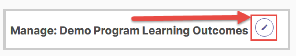 The Manage: Demo Program Learning Outcomes heading with an arrow pointing to the edit icon on the right.