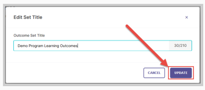 The Edit Set Title dialog showing Outcome Set Title field populated with Demo Program Learning Outcomes and an arrow pointing to the Update button next to Cancel.