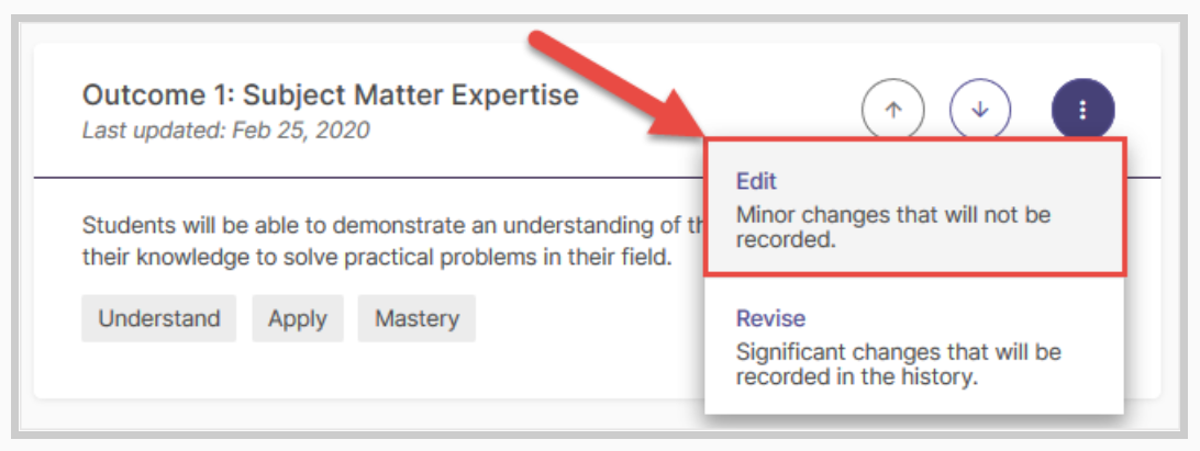 The Outcome 1 section showing the more options menu open with an arrow pointing to the Edit option labeled Minor changes that will not be recorded.