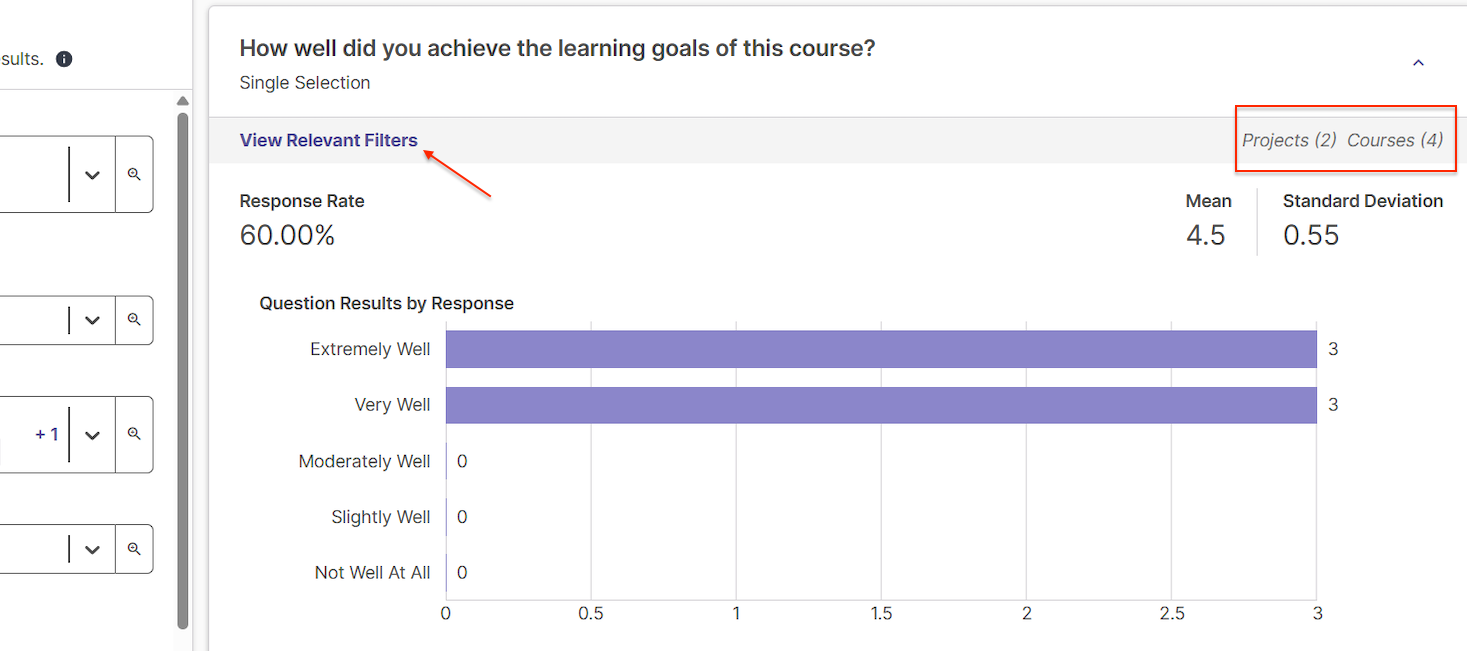 Screenshot showing the number of projects and courses included in the results and the view relevant filters button