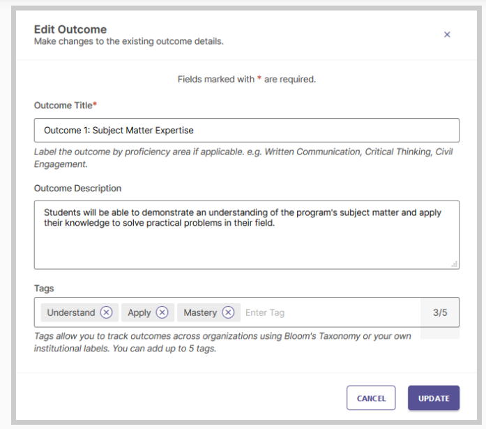 The Edit Outcome dialog showing Outcome Title field filled with Outcome 1: Subject Matter Expertise, an Outcome Description text box containing the updated description, and a Tags section displaying Understand, Apply, and Mastery with a 3/5 counter. Cancel and Update buttons appear at the bottom.