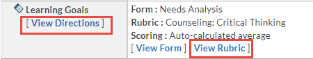 The Learning Goals section showing View Directions link. Adjacent details list Form, Rubric, and Scoring information with View Form and View Rubric links. View Directions and View Rubric links are highlighted.
