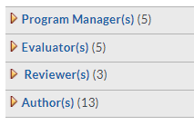 The List showing expandable role sections: Program Manager(s) with count 5, Evaluator(s) with count 5, Reviewer(s) with count 3, and Author(s) with count 13.