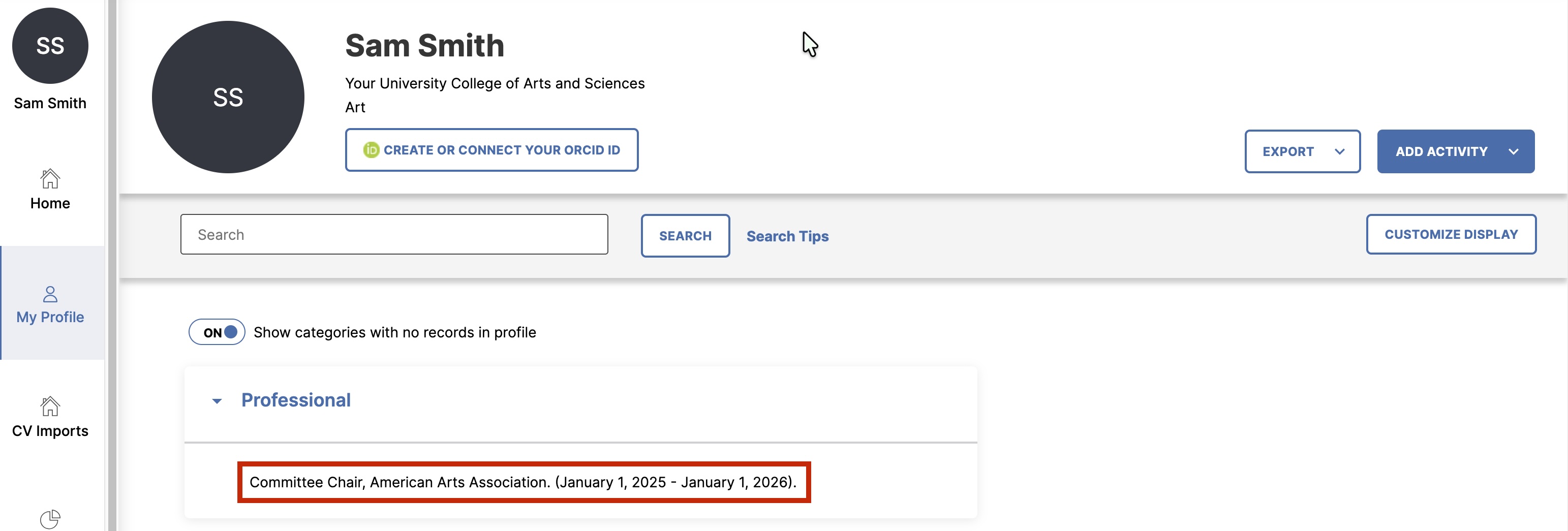 This screenshot shows an example of the display style of a Professional activity in My Profile.