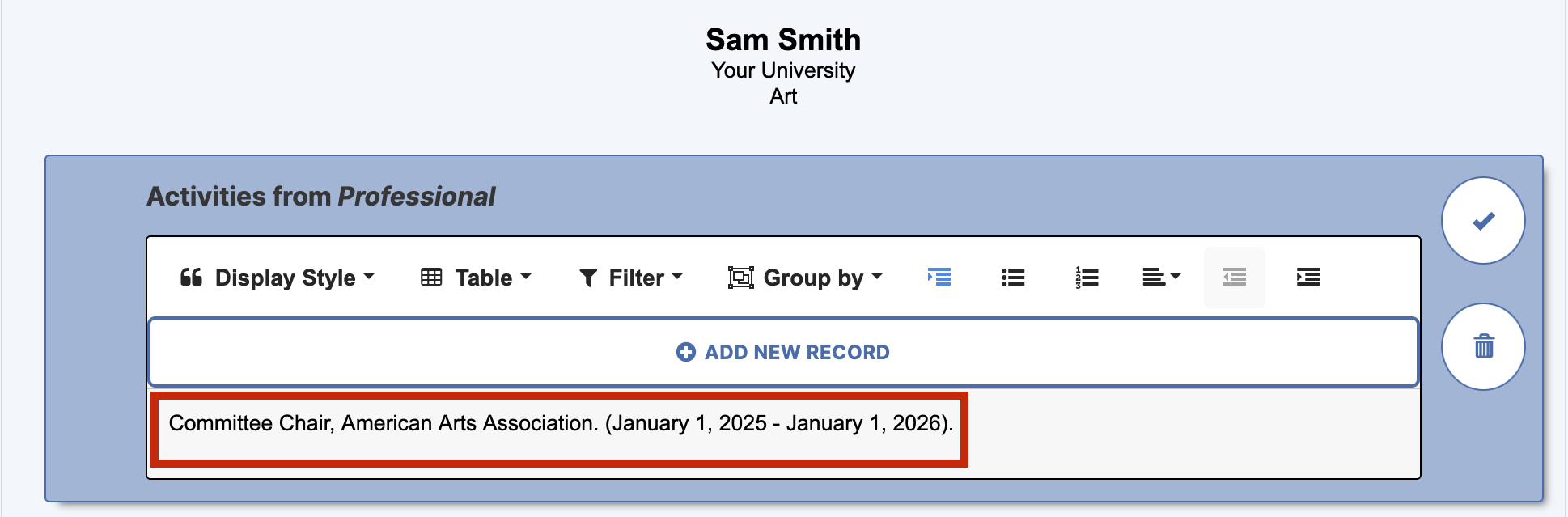 This screenshot shows an example of the display style of a Professional activity in Self-Service Reports..