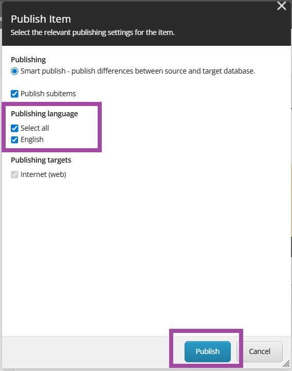 Publishing Wizard language selection checked and Publish action button outlined for final action to take..jpg