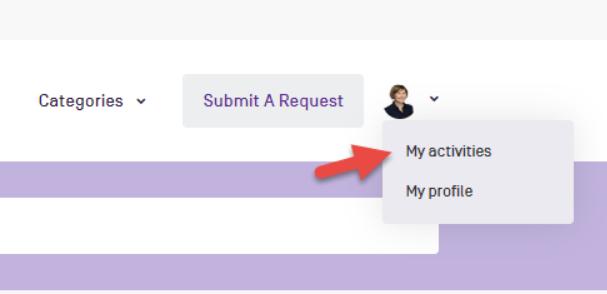 The menu under the account icon showing an arrow pointing to the My activities option, with the My profile option.