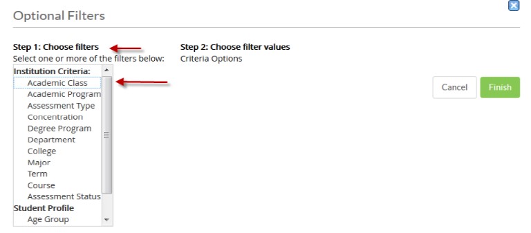 An Optional Filters window showing a list of institution criteria and student profile filters available for selection, along with a section for choosing filter values, academic class option highlighted and options to cancel or finish.