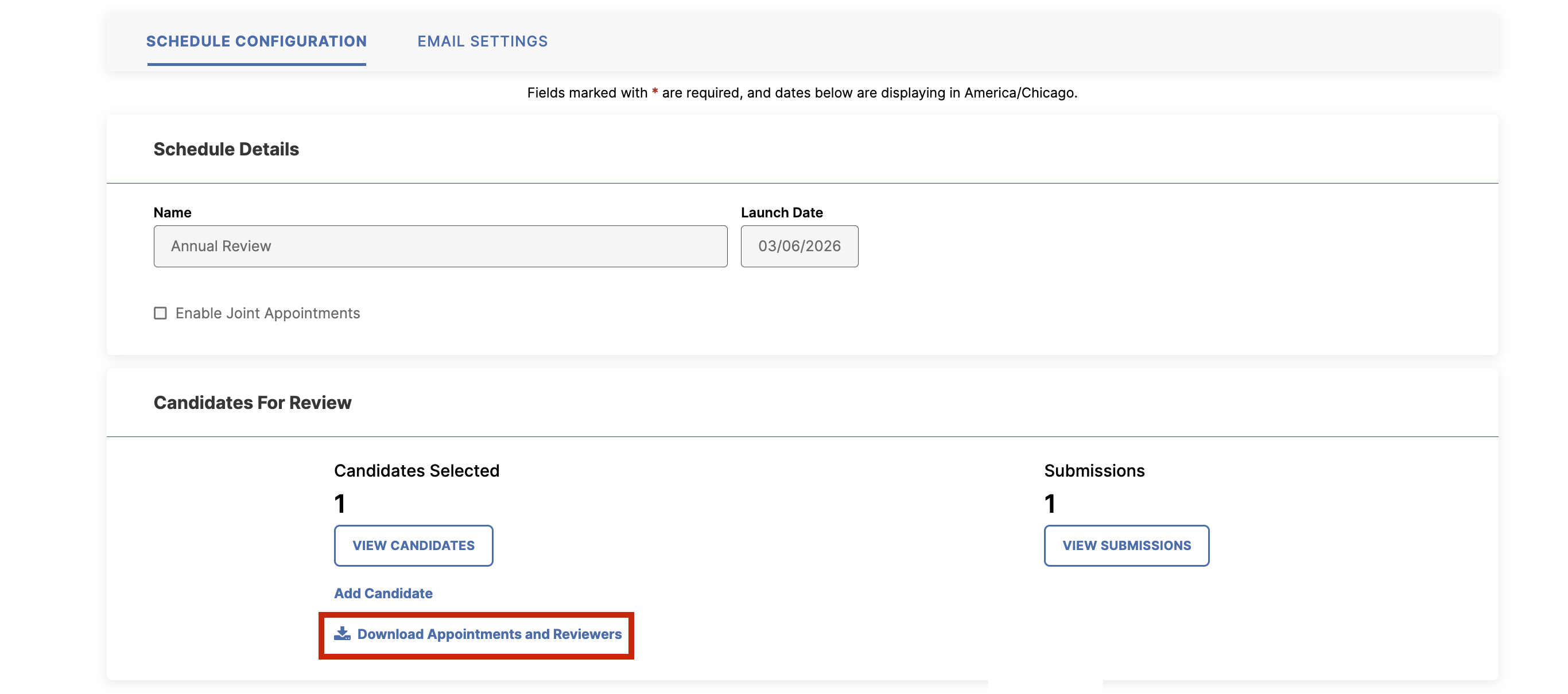 Screenshot showing the Download Appointments and Reviewers button.