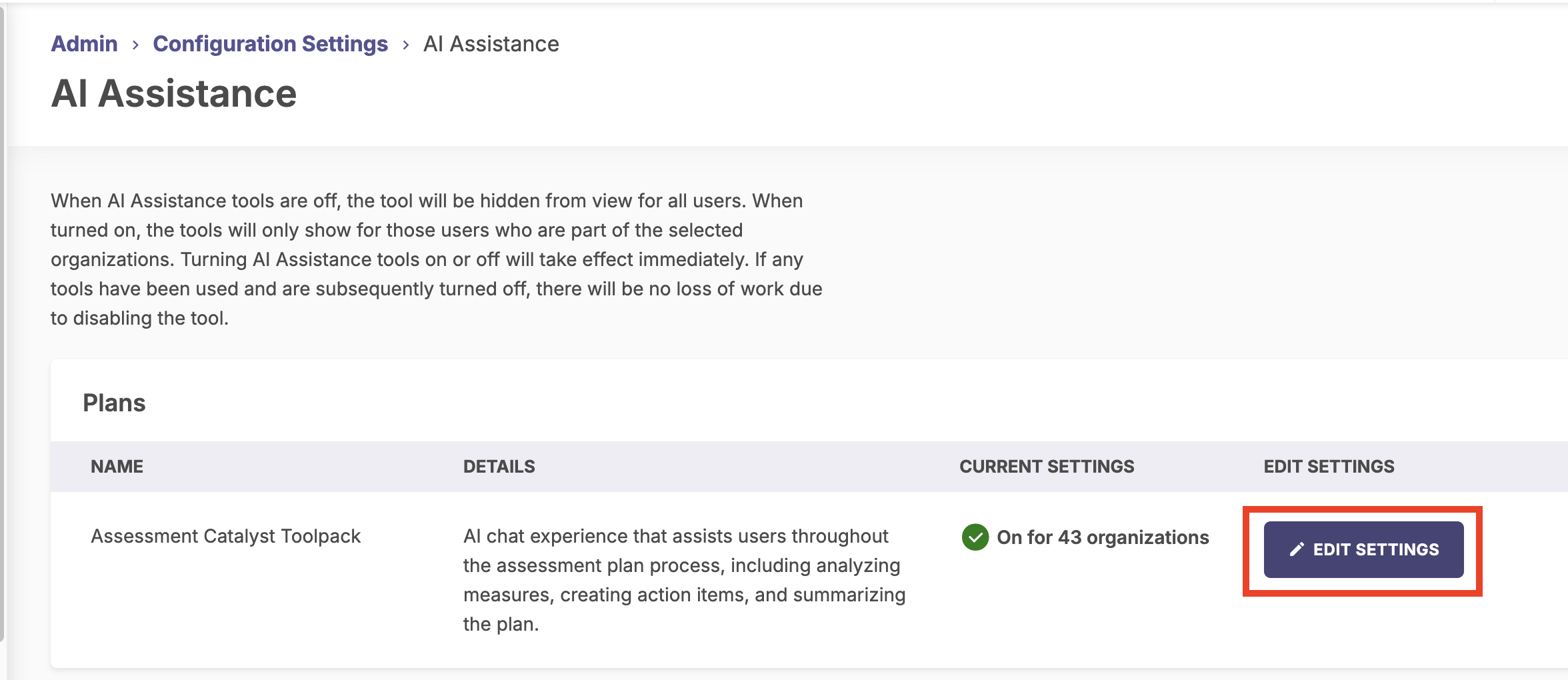 Click Edit Settings to choose to enable AI, turn off AI, or enable it for specific organizations.