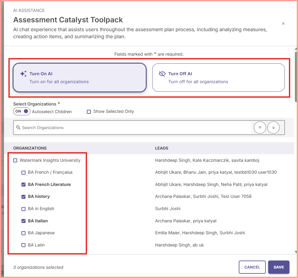 Flyout showing how to enable AI for all, disable for All organizations, or enable for specific organizations.