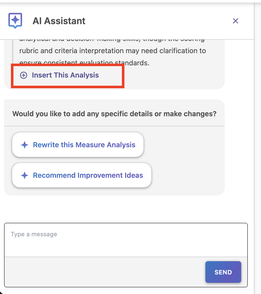 Once AI has generated a draft, the option to insert the analysis appears here.
