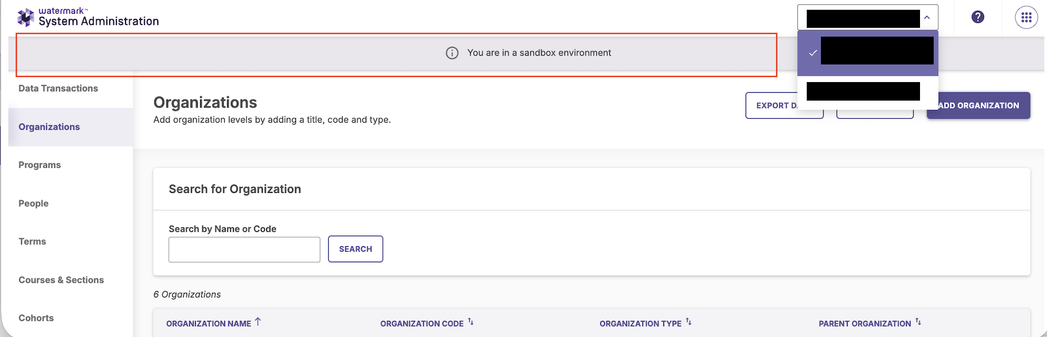 System Administration interface with "You are in a sandbox environment" highlighted.