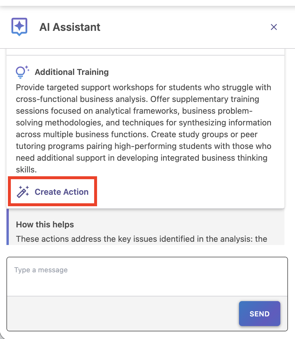 On the page, click Create Action button to proceed with including the AI generated action.