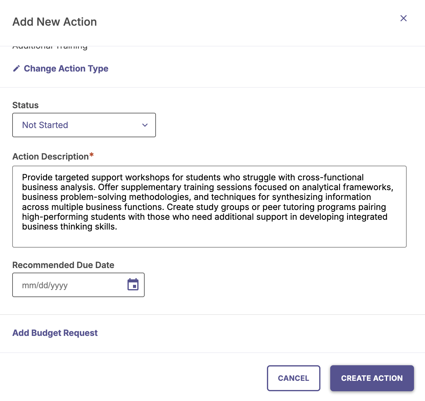 Screen displays the ability to edit the description, action type, due date, and budget requests if needed.