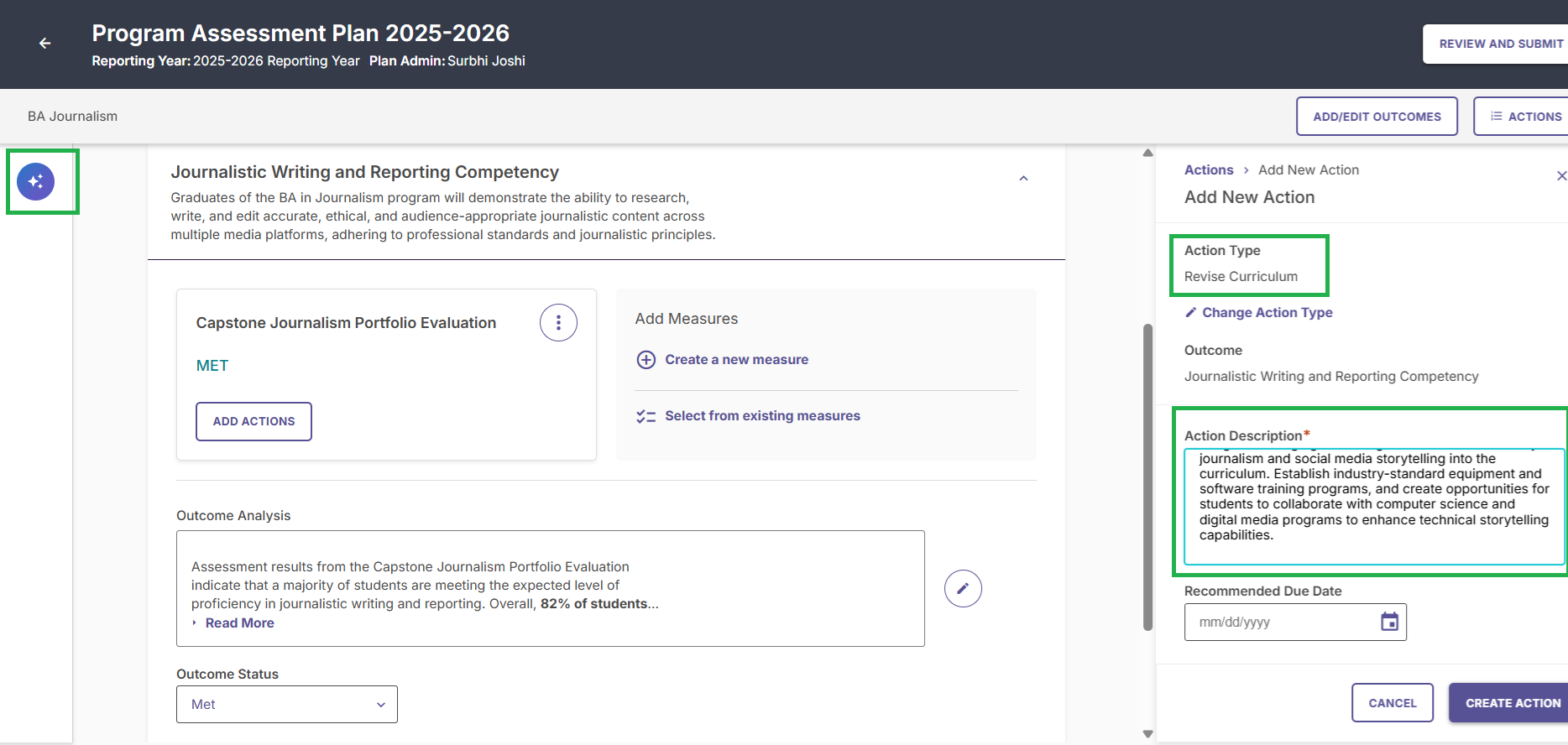 Screen displaying the action type, description, due date, and area to save action by clicking Create Action.