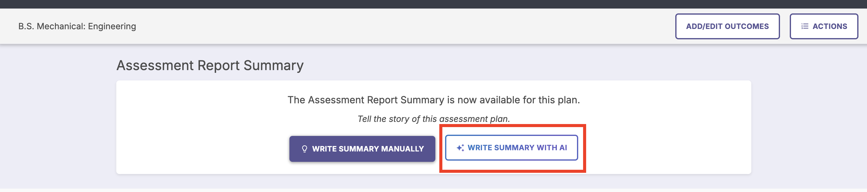 The Assessment Report Summary interface with "Write Summary With AI" button highlighted. 