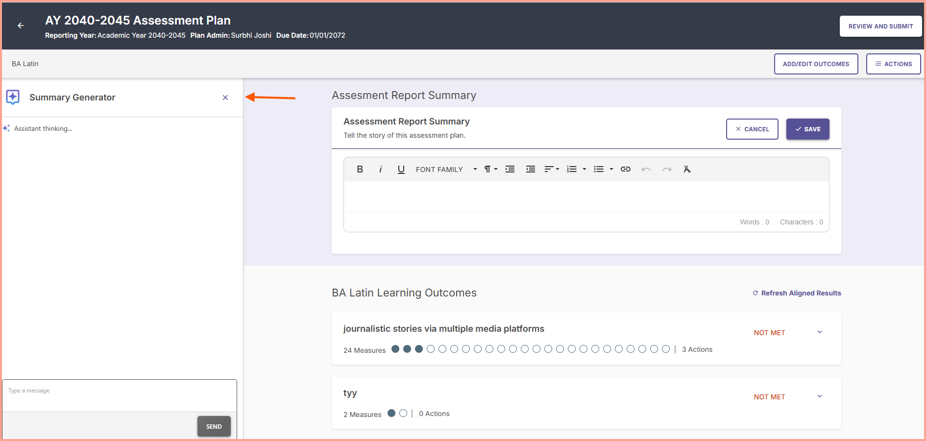 The Summary Generator field showing a status of "Assistant Thinking"