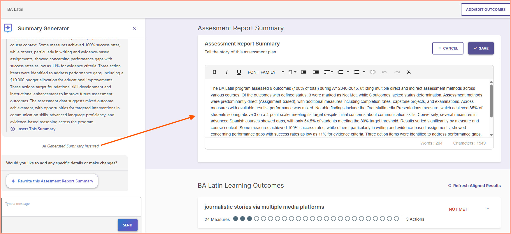 The Summary Generator showing a status of "AI Generated Summary Inserted"