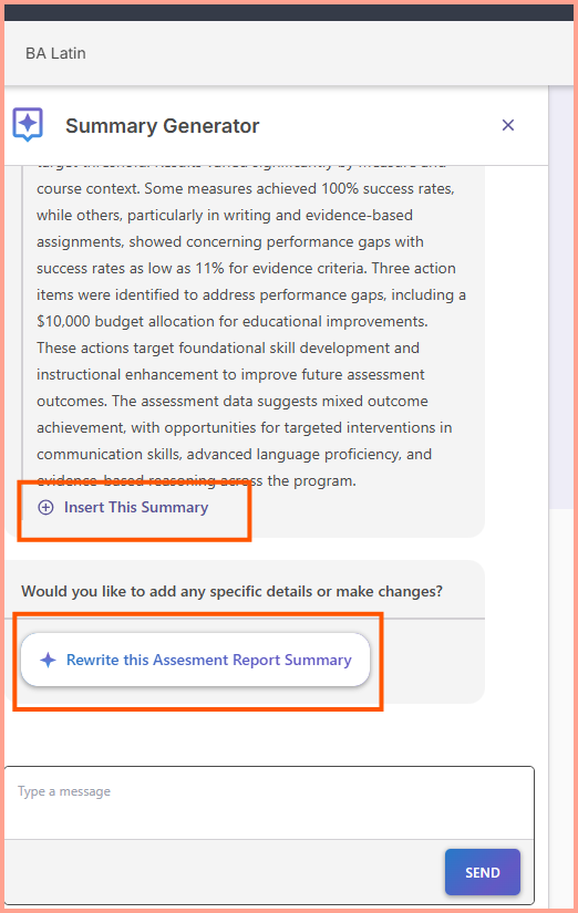 The Summary Generator with options to "Insert This Summary" and "Rewrite the Assessment Report Summary" highlighted