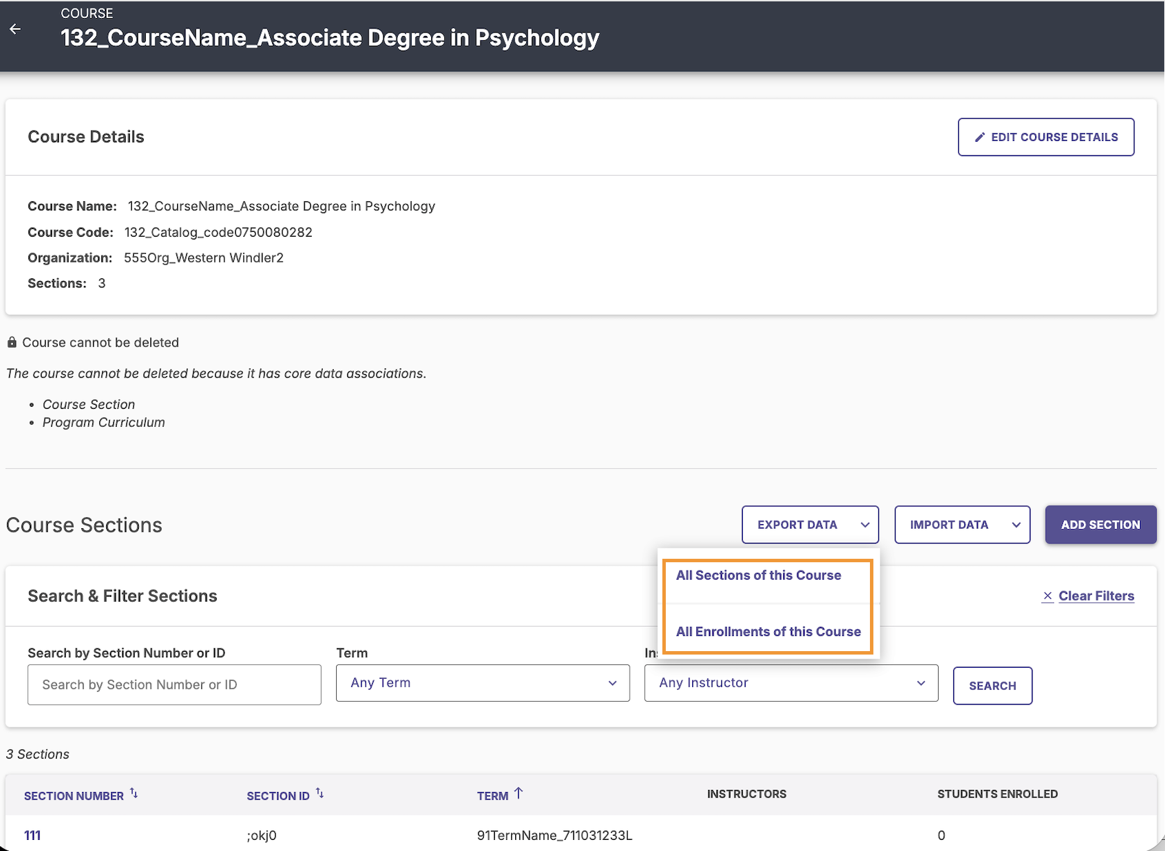 Export Options from the Course Details Page