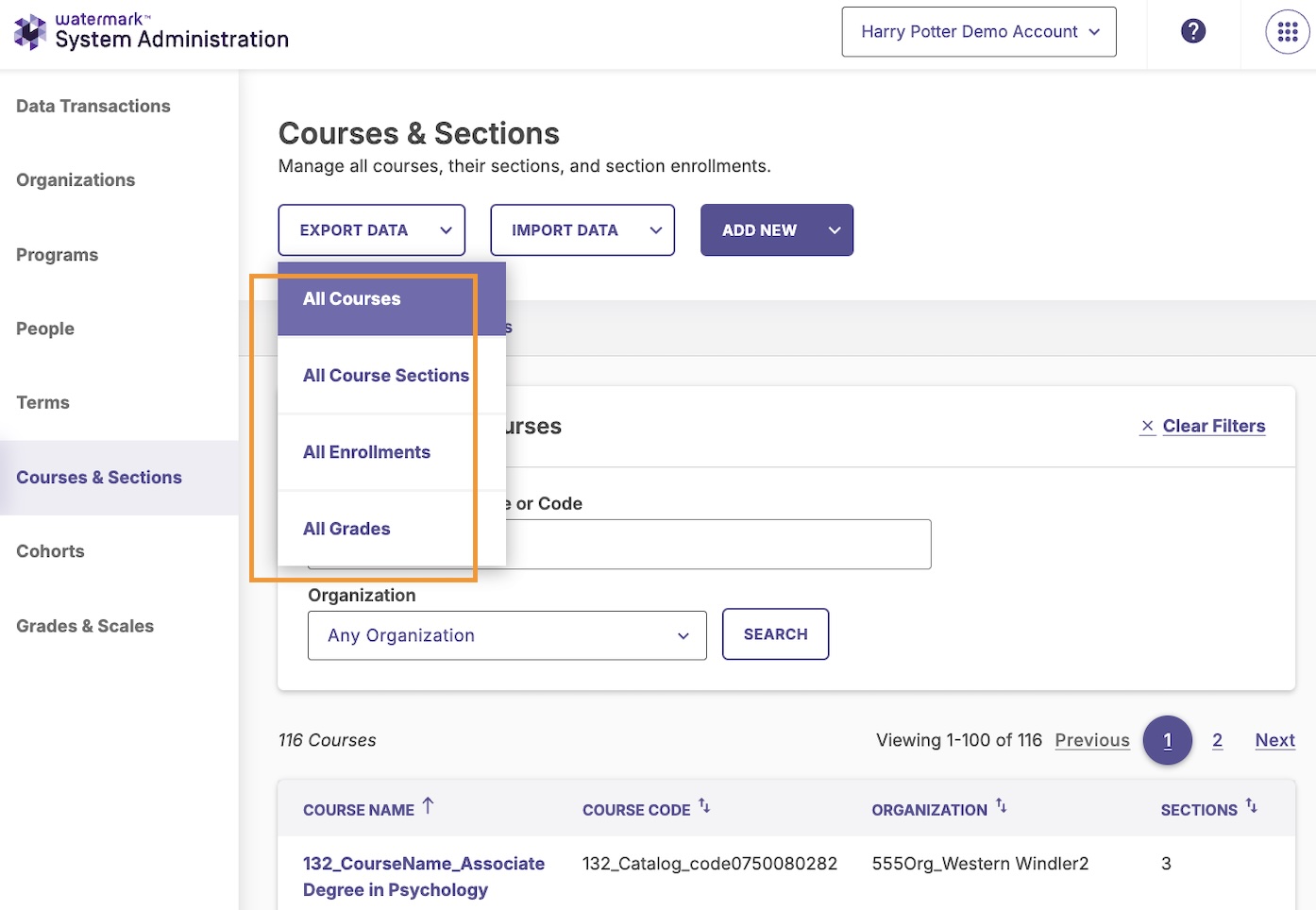 Export options from the Courses & Sections page