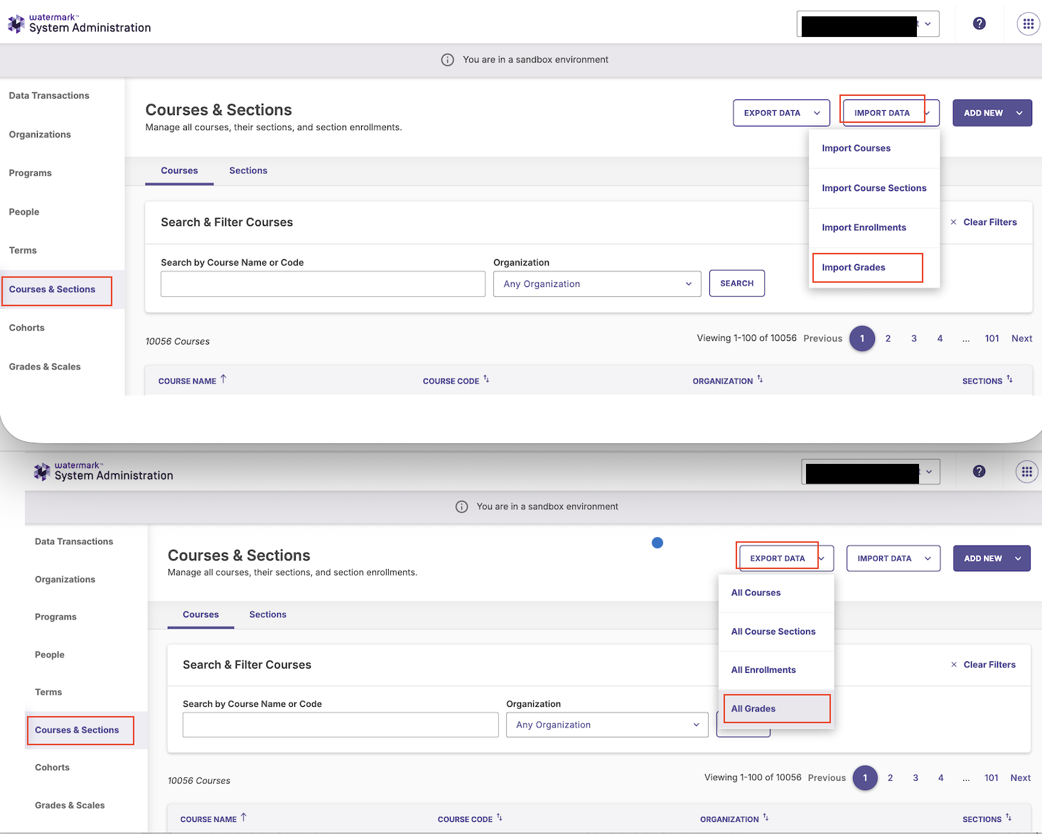 The Import Data menu showing the Import Grades option highlighted