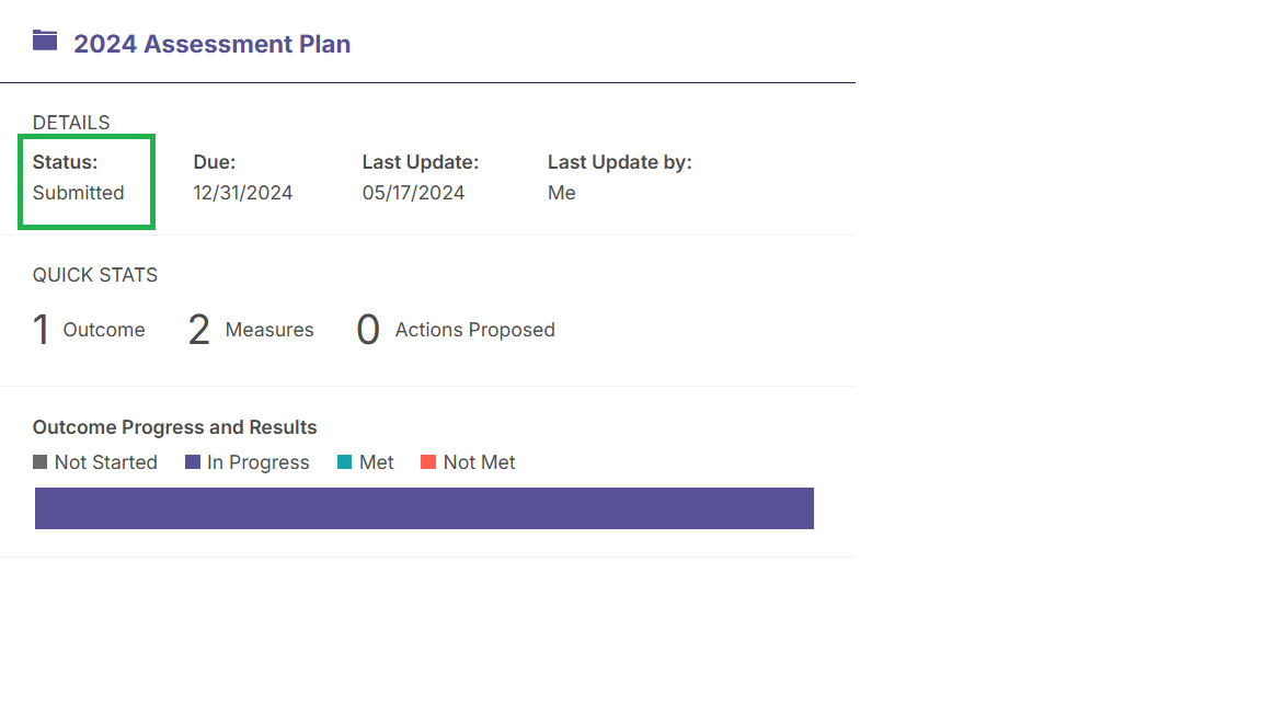 Assessment Plan card showing the status details as Submitted.