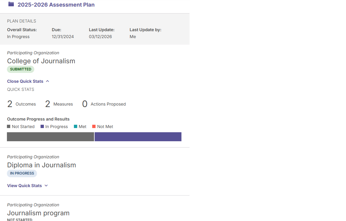 Deans View of specific organization and plan status showing submitted.