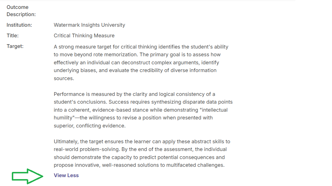 The image displays long target descriptions with the option to view less after viewing the full text description. 