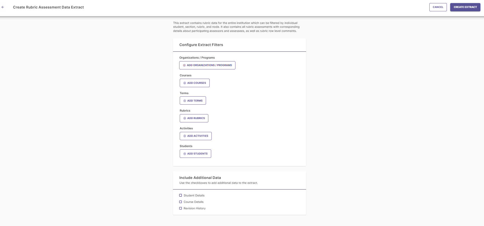 Screenshot showing the filter options when creating a Rubric Assessment Data extract