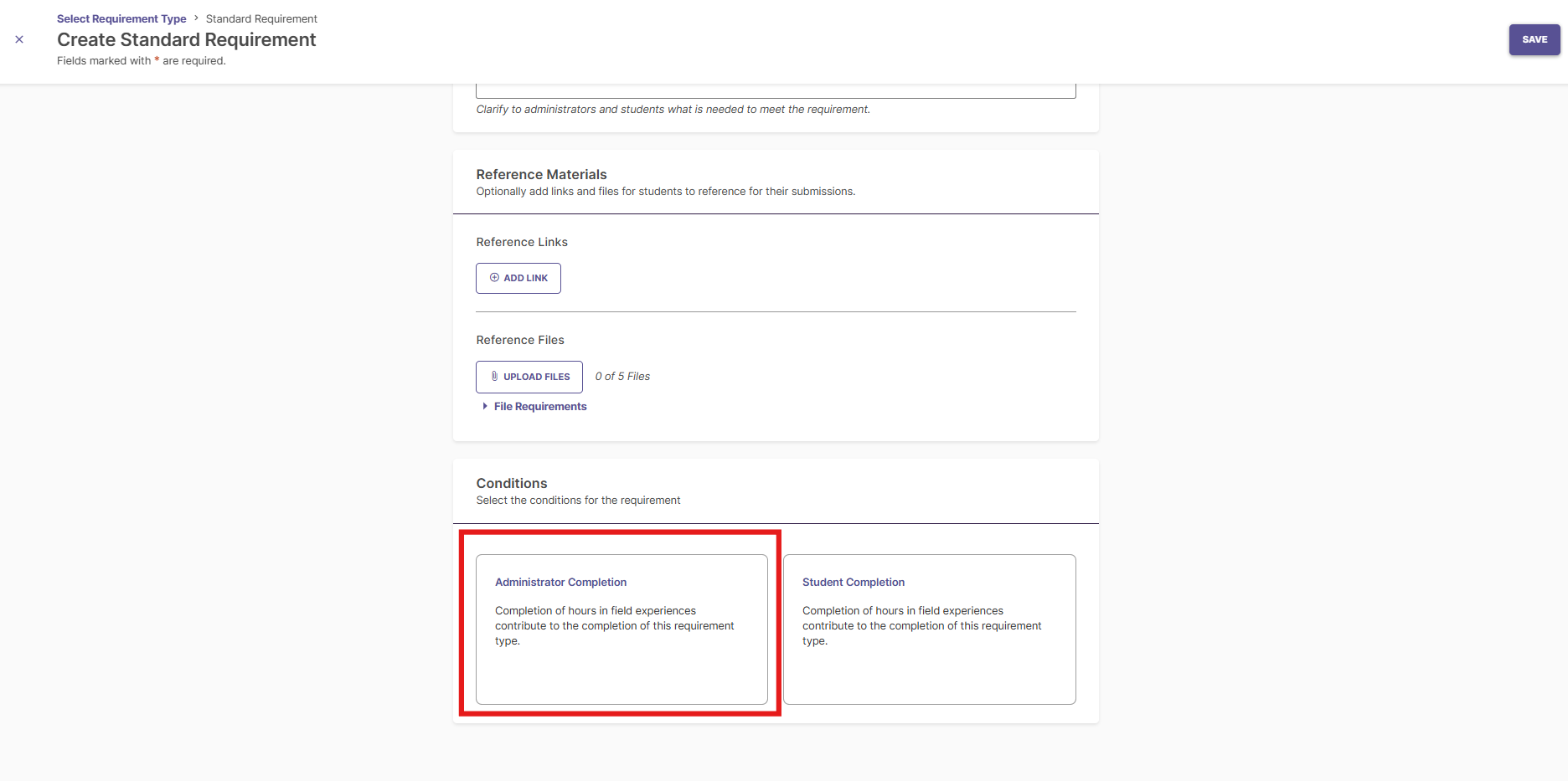 Screenshot showing the Admin Completion condition