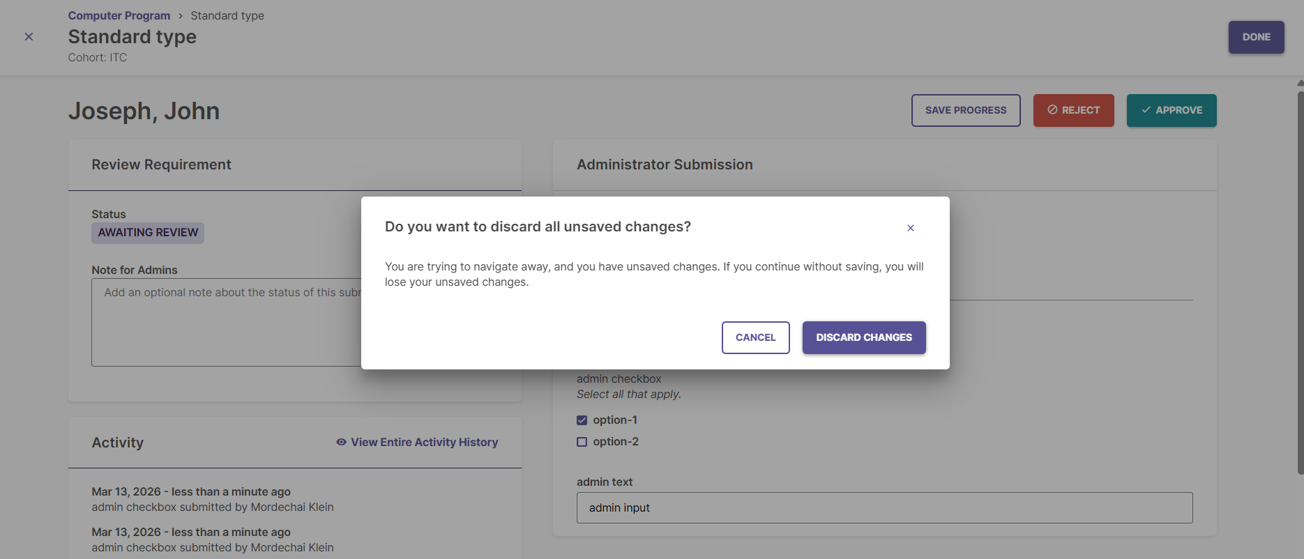 Screenshot of the "Discard Changes" confirmation modal