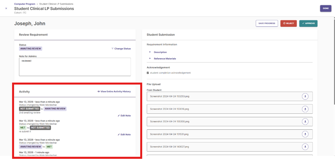 Screenshot showing the most recent Activity History