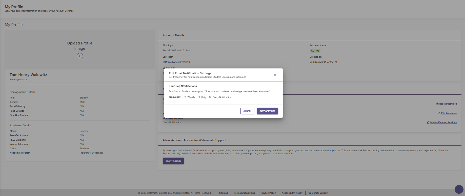 Screenshot showing the "Edit Email Notification Settings" for Time Log notifications
