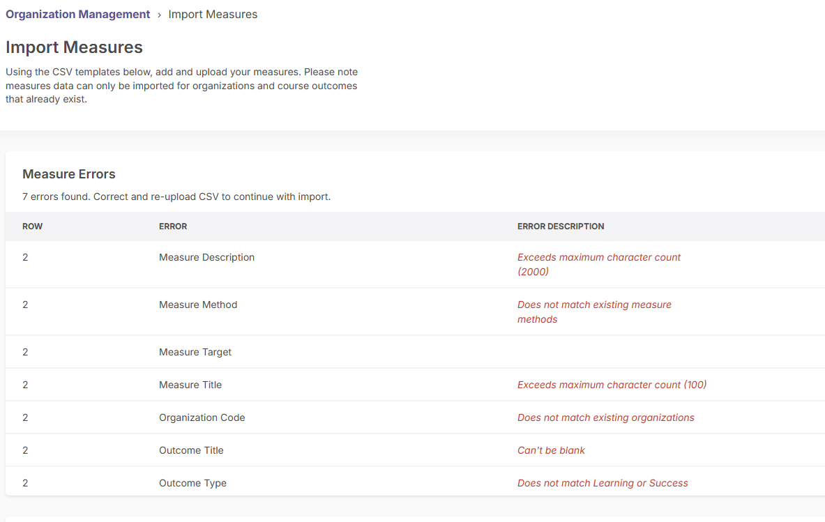 The import measures page showing a summary of CSV errors that must be corrected and re‑uploaded before the import can continue.