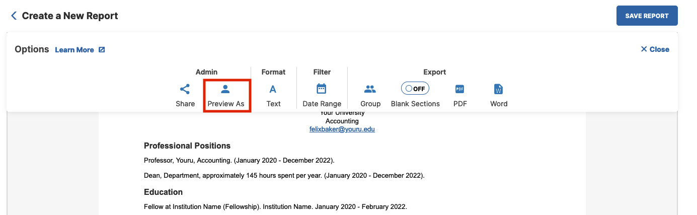 A report creation page showing a formatted preview of a professional report with sections such as Professional Positions, Education, and Licensures, along with toolbar options for web profiles, sharing, formatting, filtering, grouping, excluding sections, and exporting to PDF or Word, with a Save Report button available.