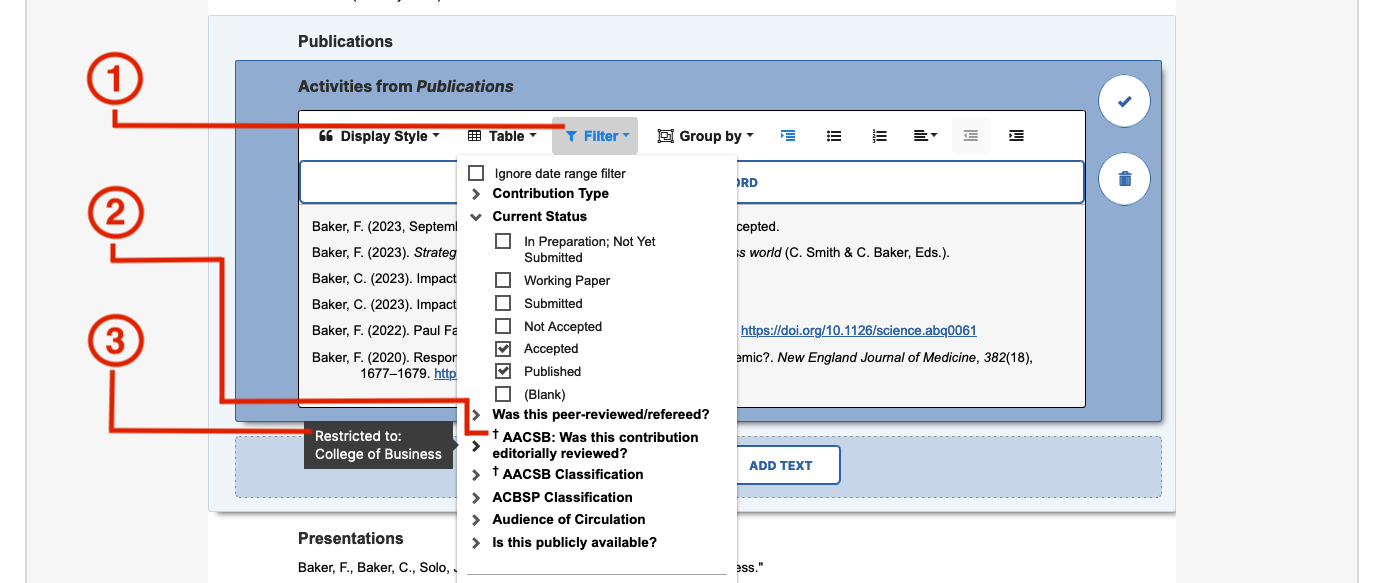 A report creation page showing a Publications section with a filter panel expanded, displaying multiple filter options such as contribution type, current status, peer‑review status, editorial review, and classification settings, along with an Apply button.