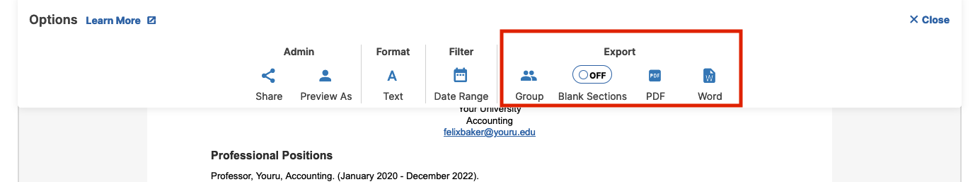 A report creation page showing a Publications section with an Export For Group panel open, including options to select scope, choose items for export, and additional export settings, along with buttons to export the report as PDF or Word.