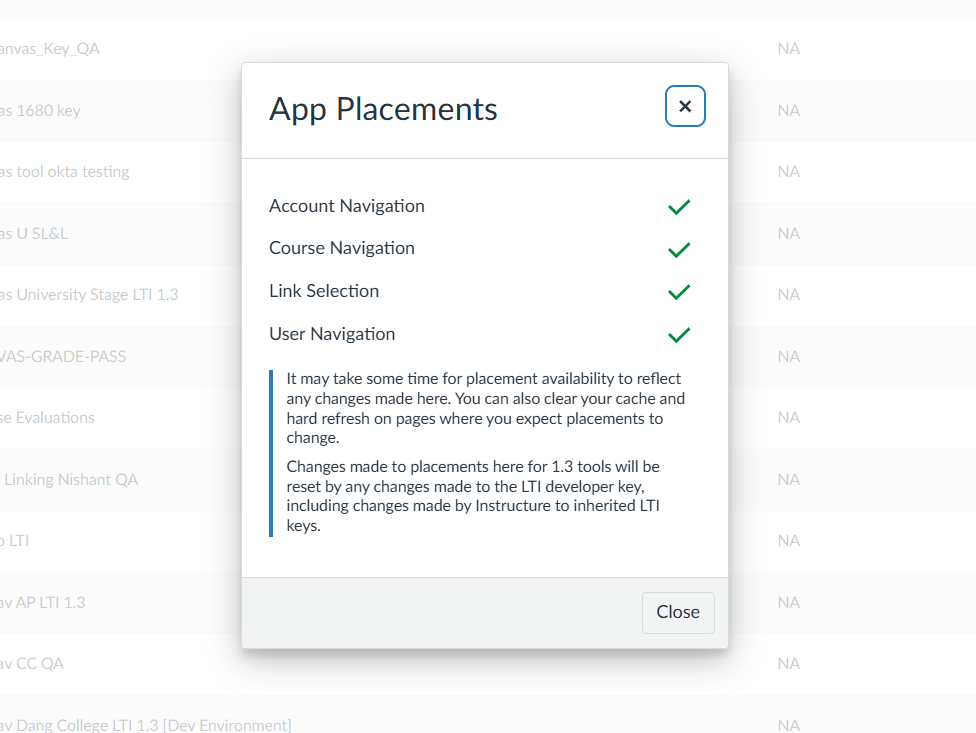Screenshot showing all four placements present under App Placements