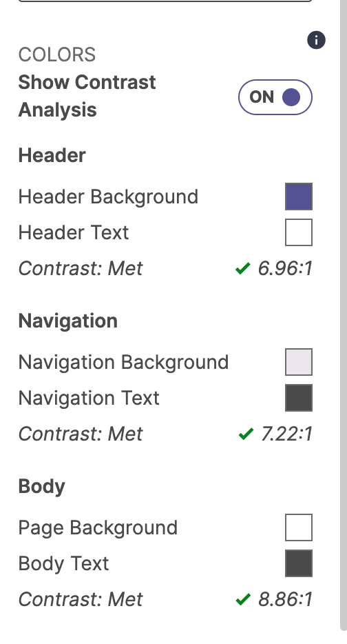 The SLL portfolio 'Colors' sidebar with the 'Show Contrast Analysis' toggle enabled, showing detailed contrast ratios and green checkmarks indicating 'Contrast: Met' for Header, Navigation, and Body sections.
