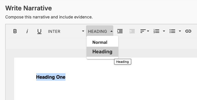 Selecting "Heading" from the format dropdown in the "Write Narrative" section.