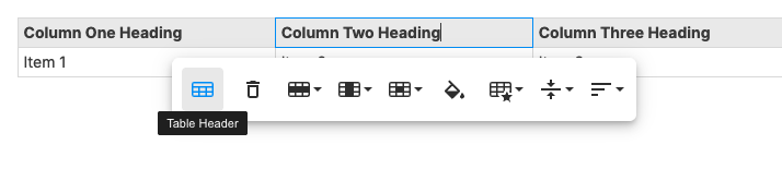 The Table editing menu with the 'Table Header' option highlighted.