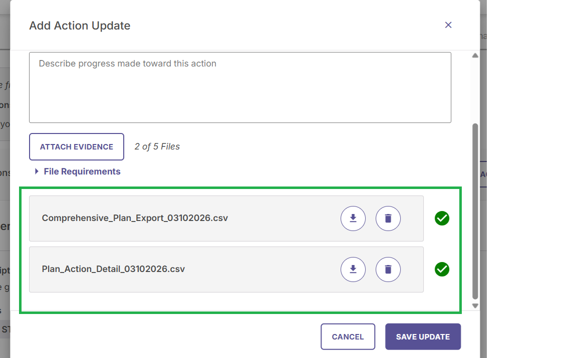 An Add Action Update panel showing a text box for describing progress, an Attach Evidence section indicating two of five files uploaded, and two uploaded CSV files with options to download or delete each file.