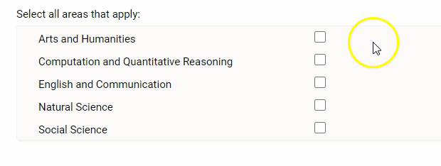 The checklist showing areas Arts and Humanities, Computation and Quantitative Reasoning, English and Communication, Natural Science, and Social Science, with the cursor selecting Arts and Humanities, English and Communication, Natural Science, and Social Science..