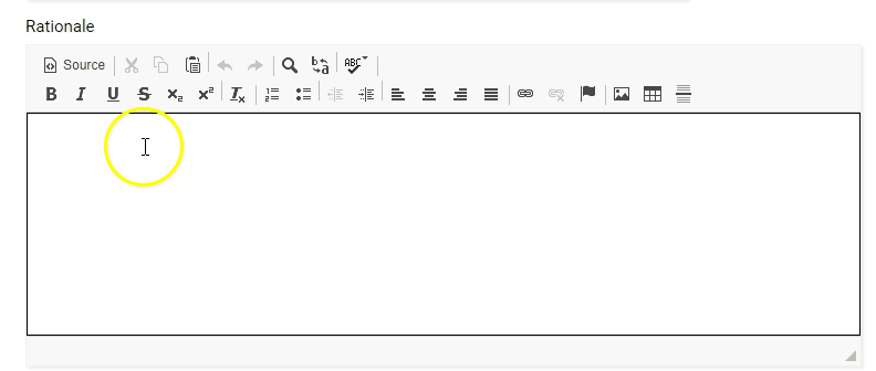 The Rationale rich‑text editor showing the cursor typing the phrase rich text fields allow for additional formatting, then selecting all the text and clicking the Bold button, the Italic button, and the alignment buttons for left, center, and right positioning.