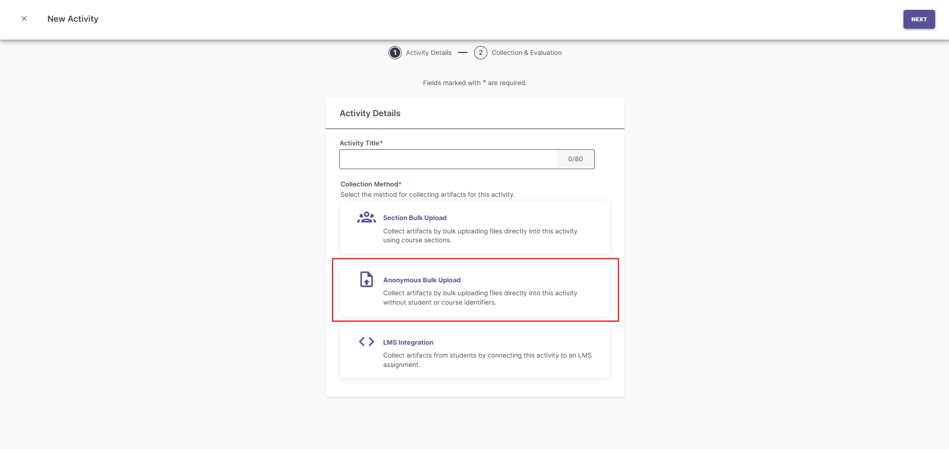 Screenshot showing the 'Anonymous Bulk Upload' option in Assessment Projects
